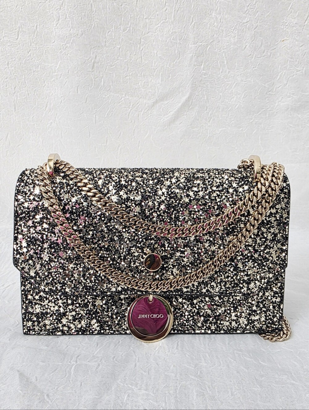 Auth Jimmy Choo Finley Glitter Chain Shoulder Bag
